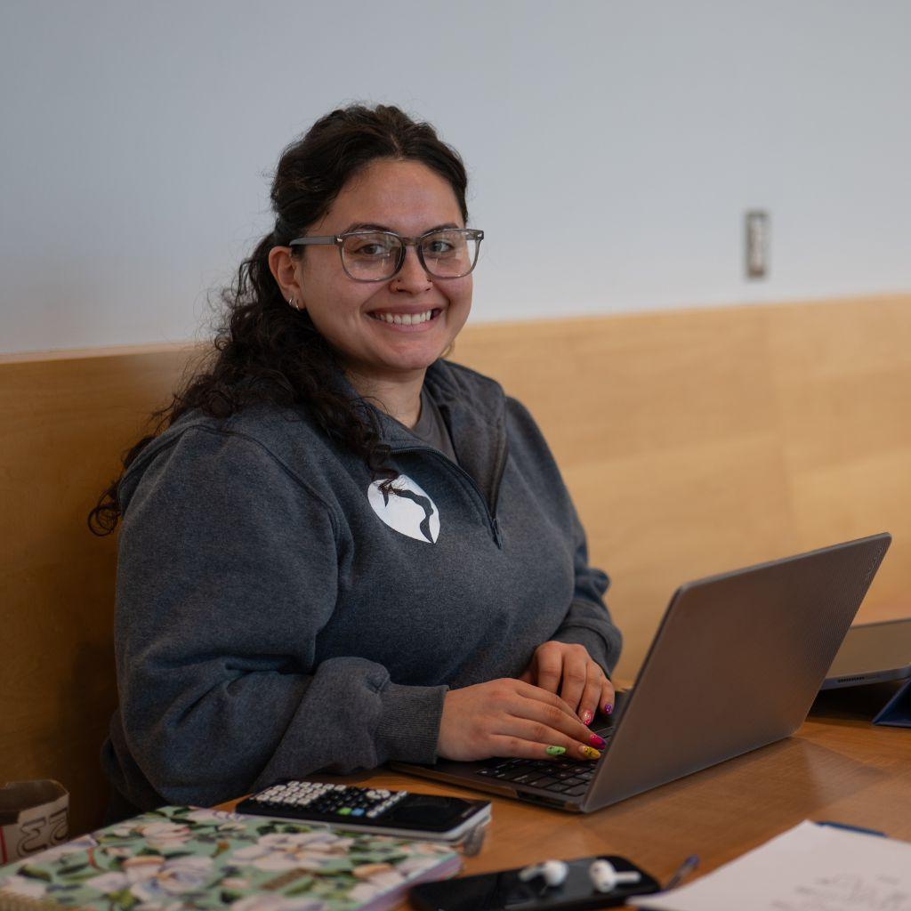 Female student working on a laptop smiling at the camera